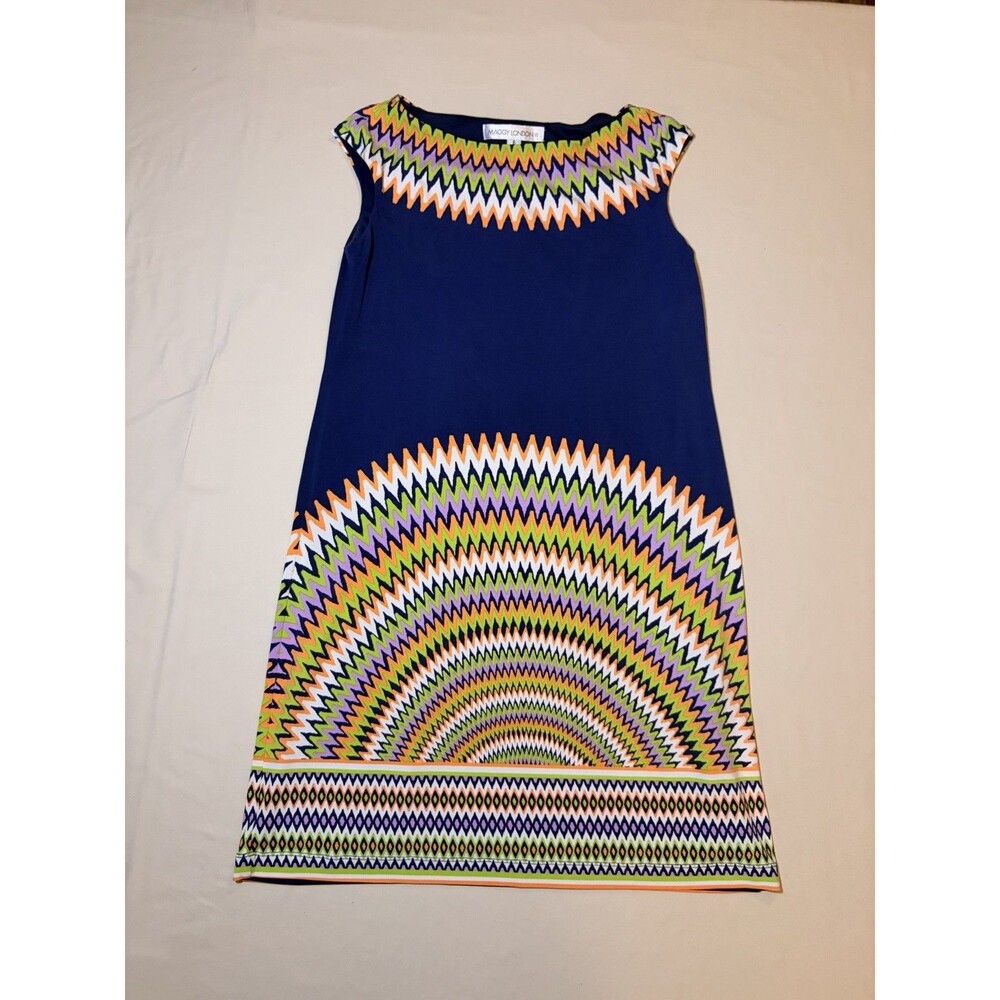 Maggy London Women's Size 6 Navy Blue Multicolor Geometric Shift Dress - Picture 2 of 5